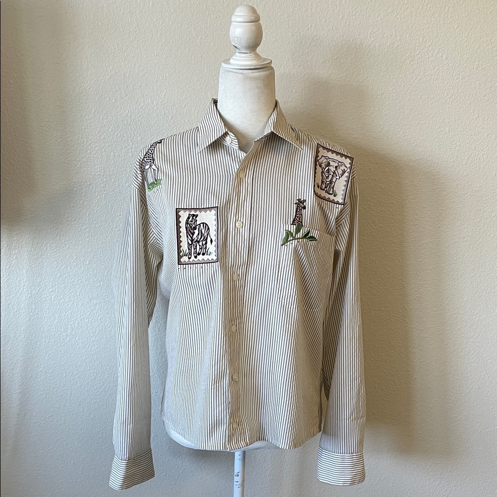 Vintage Blouse Womens Small‎ Striped Elephant Embroidered Giraffe Rhinestones
